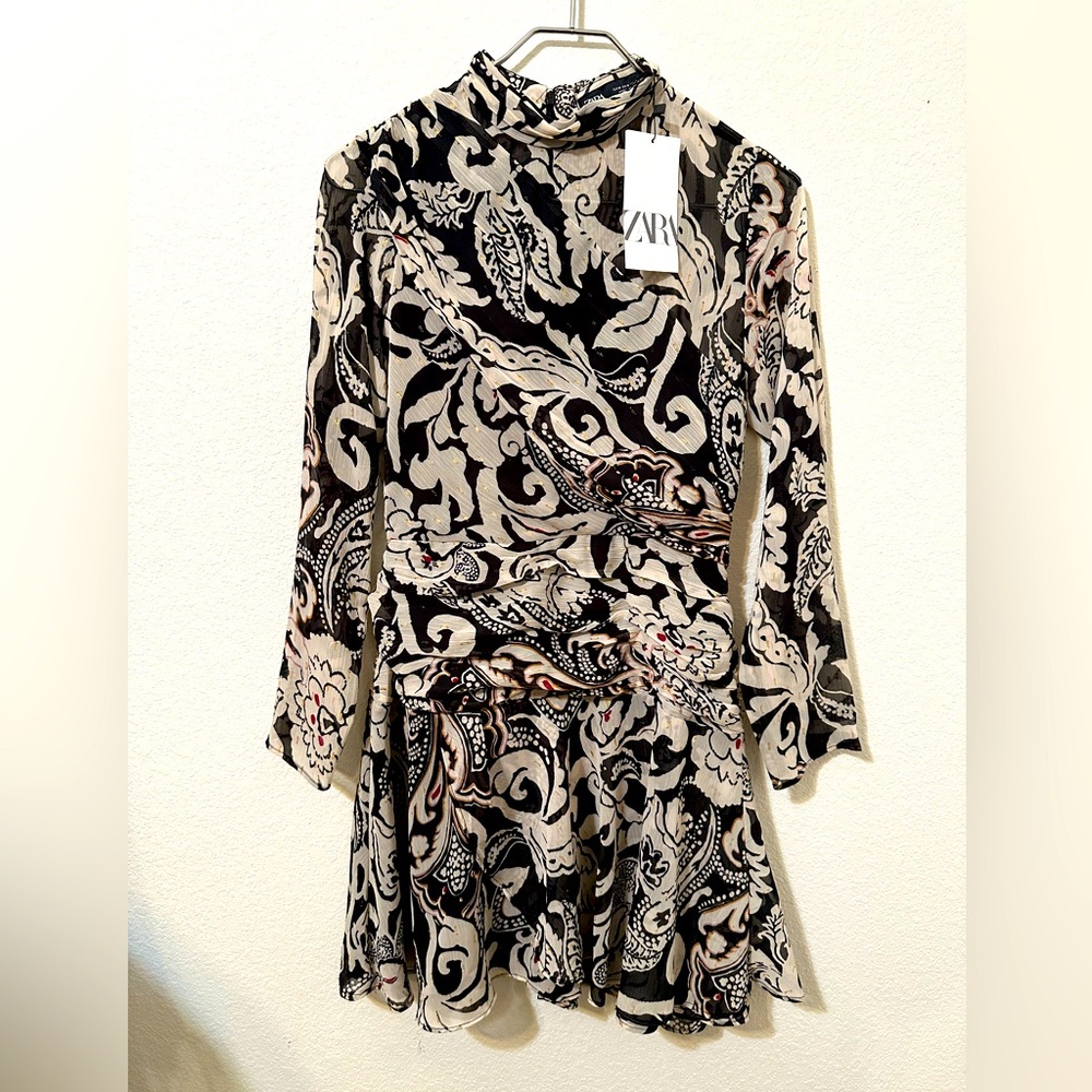 ZARA Jumbo Paisley Print Draped Mock Neck Long Sleeve Dress NWT
